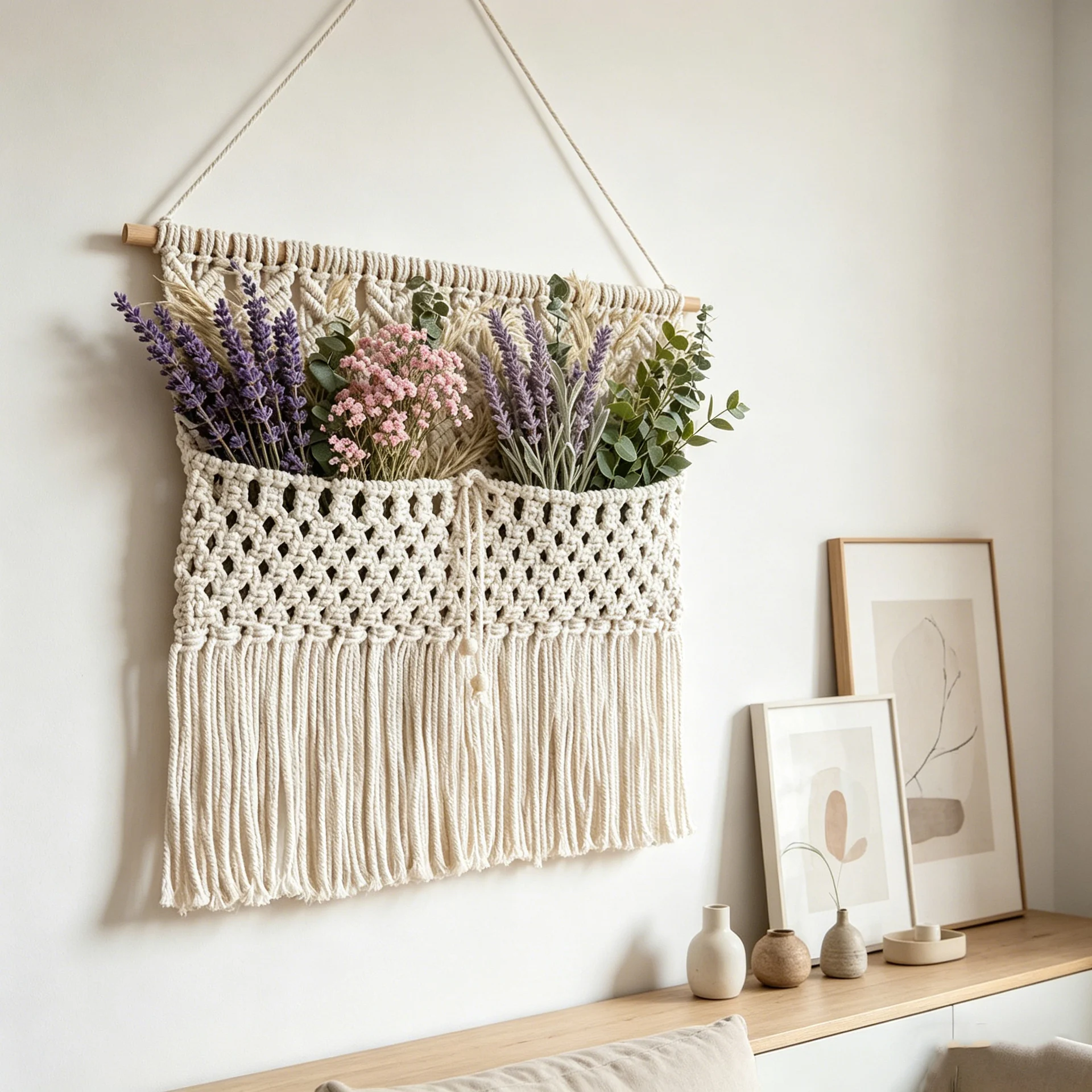 Nordic style hand-woven tapestry wall hanging decoration dried flower storage net bag bohemian tassel wall hanging decoration