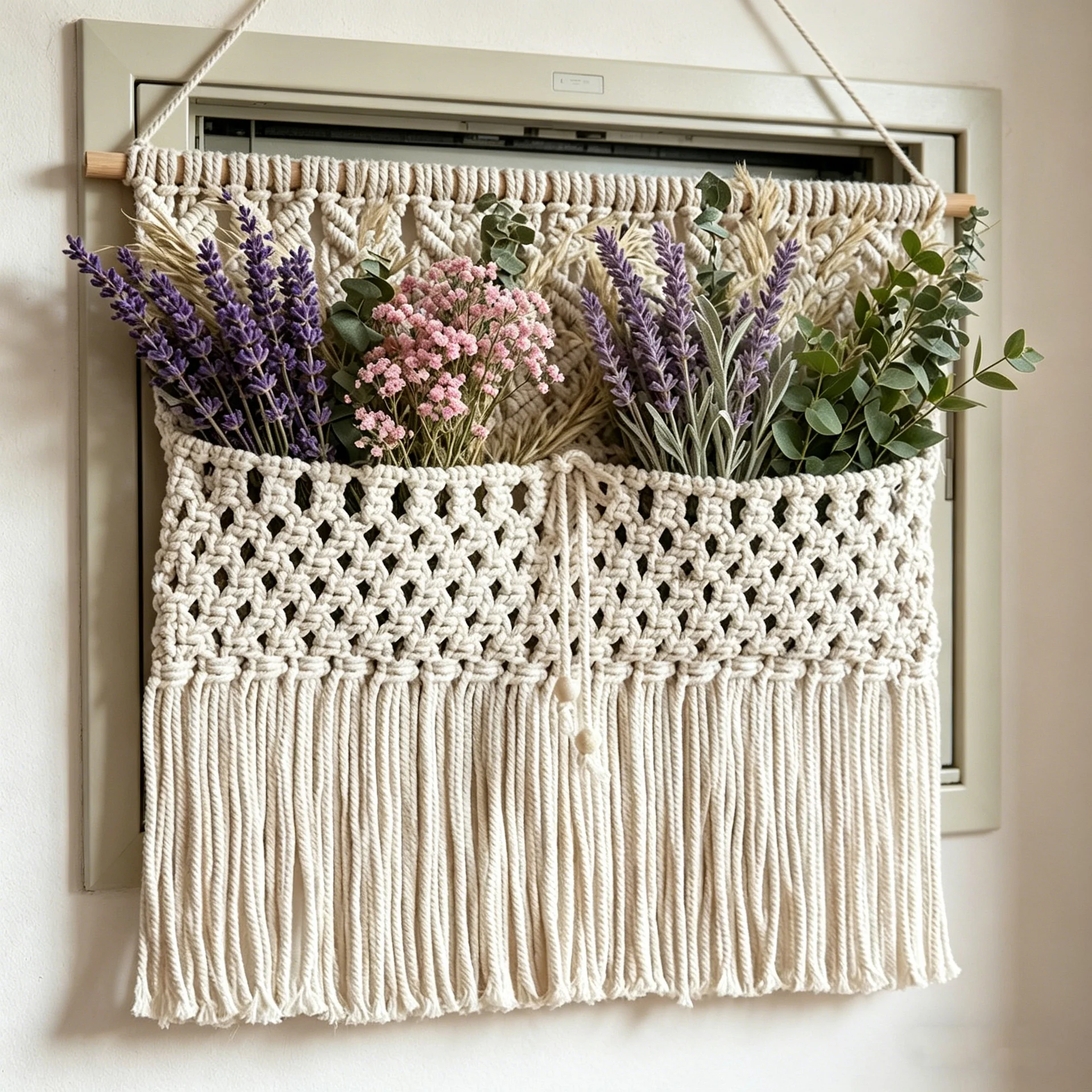 Nordic style hand-woven tapestry wall hanging decoration dried flower storage net bag bohemian tassel wall hanging decoration 3