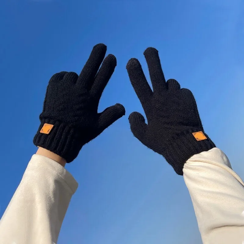 Knitted gloves winter women's double-layer velvet thickened cold-proof and warm cycling outdoor touch screen gloves