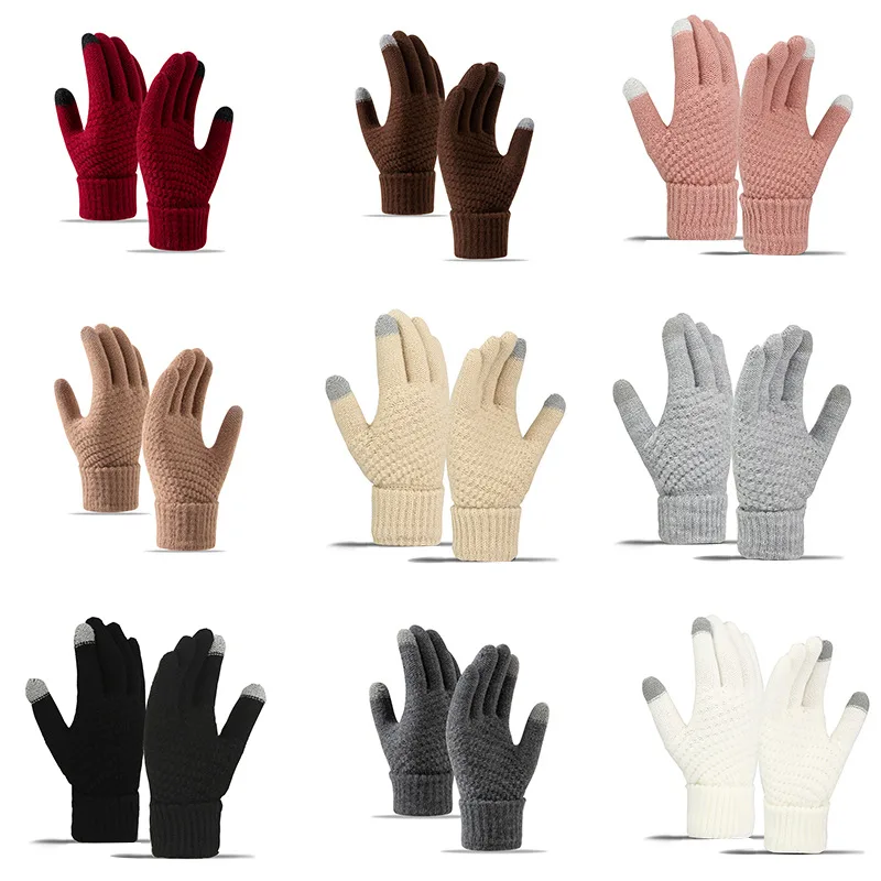 Gloves for men and women, velvet and thickened, outdoor sports cycling knitted touch screen woolen winter warm gloves