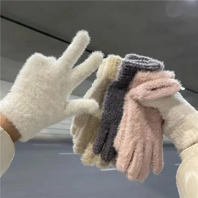 Winter cycling warm gloves imitation rabbit fur plush ins women's plush gloves cute finger-proof solid color