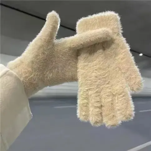 Winter cycling warm gloves imitation rabbit fur plush ins women's plush gloves cute finger-proof solid color 2