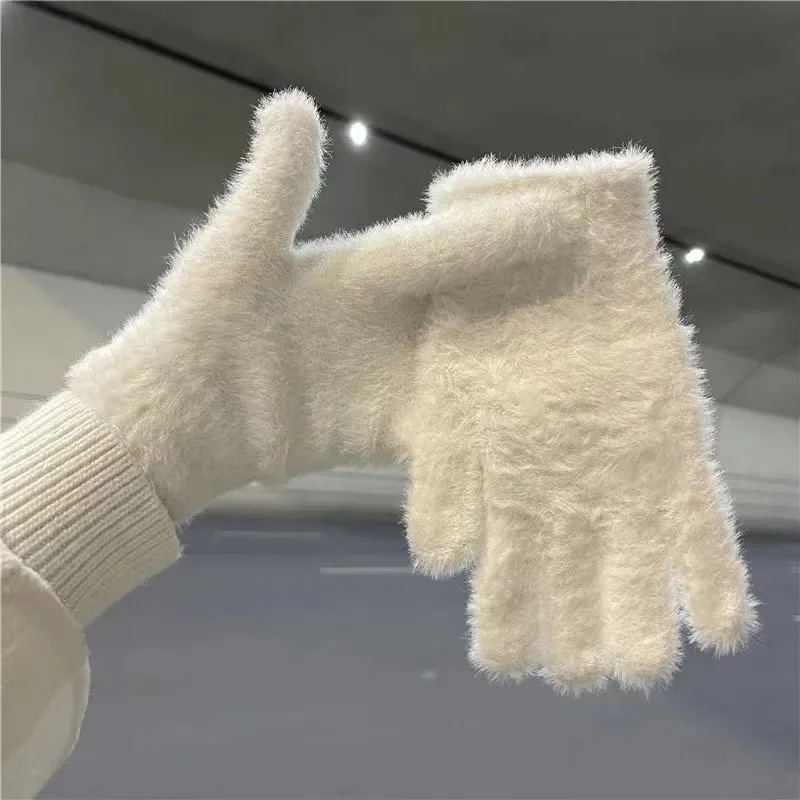 Winter cycling warm gloves imitation rabbit fur plush ins women's plush gloves cute finger-proof solid color 3