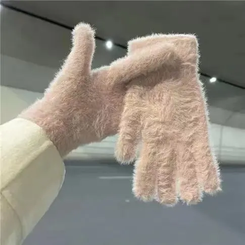 Winter cycling warm gloves imitation rabbit fur plush ins women's plush gloves cute finger-proof solid color 4