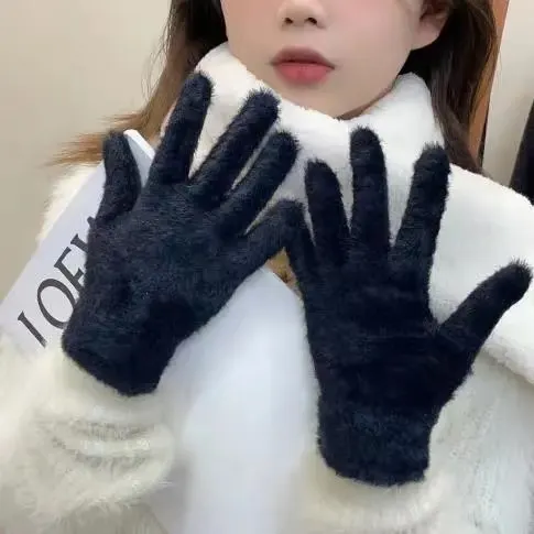 Winter cycling warm gloves imitation rabbit fur plush ins women's plush gloves cute finger-proof solid color 5