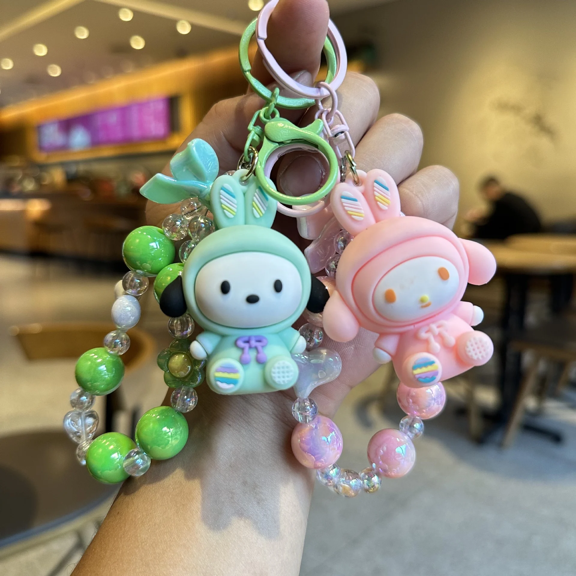 Rabbit Sanrio Flower Bead Chain Pendant Cute Kurome Melody Beads Exquisite Mobile Phone Short Chain Keychain 3