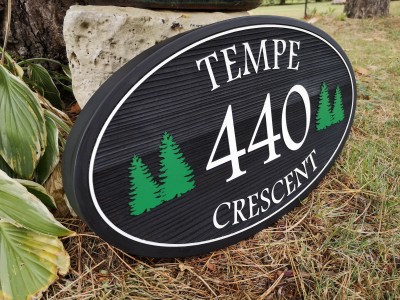 Laser engraved cedar address sign. Hand painted with custom design. Hamilton, ON.