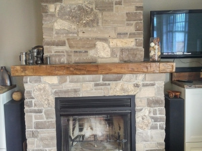 Sliced natural stone veneer with rustic beam