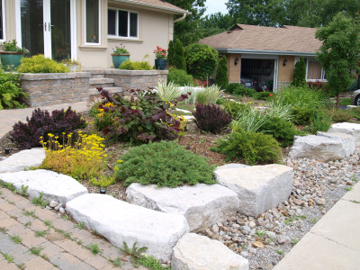 Armourstone border with Calgary Carpet Juniper.