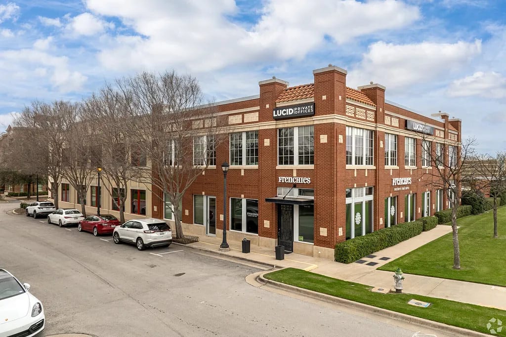 Aerial exterior of Lucid Private Offices Southlake Town Square in a premier business district of Southlake, Texas.