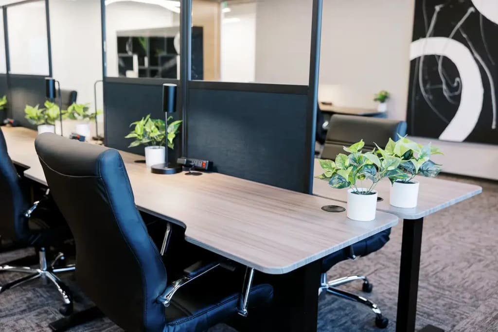 Coworking desks: Lucid Private Offices coworking workstations with black ergonomic chairs, privacy dividers, and built-in power outlets.