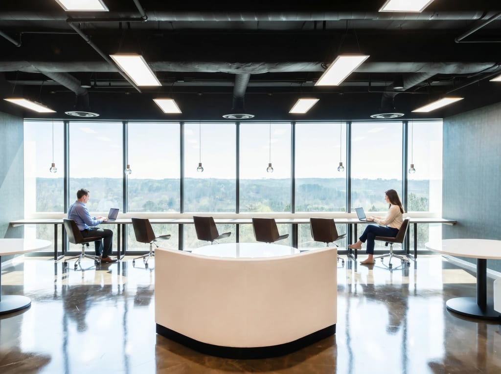 Co-working hot desk bar with curved white island and window-facing communal desks at Lucid Private Offices