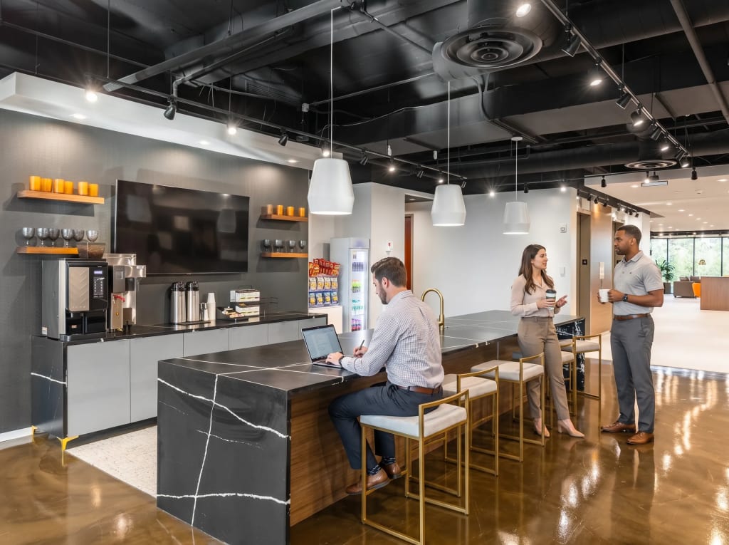 Professionals collaborate in the modern coworking lounge and kitchen area at Lucid Private Offices Alpharetta.