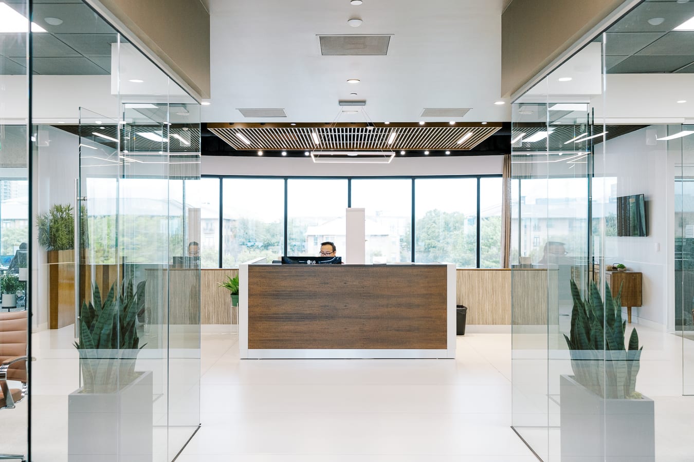 Modern office reception with a wood-front desk, glass walls, and large windows overlooking trees
