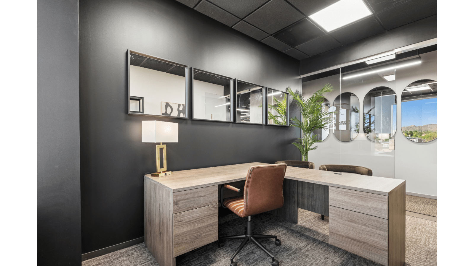 Private office suite at Lucid Scottsdale/Old Town with modern desks, guest seating, and contemporary finishes.