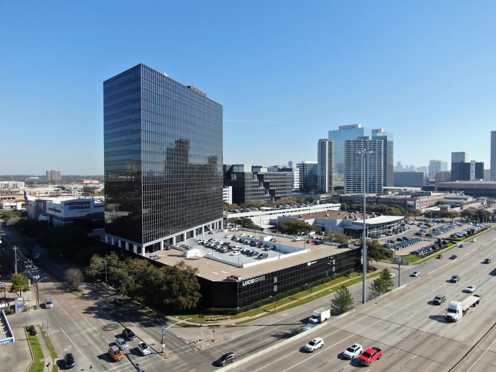 Aerial view of Lucid Private Offices River Oaks building on Westheimer Road Houston