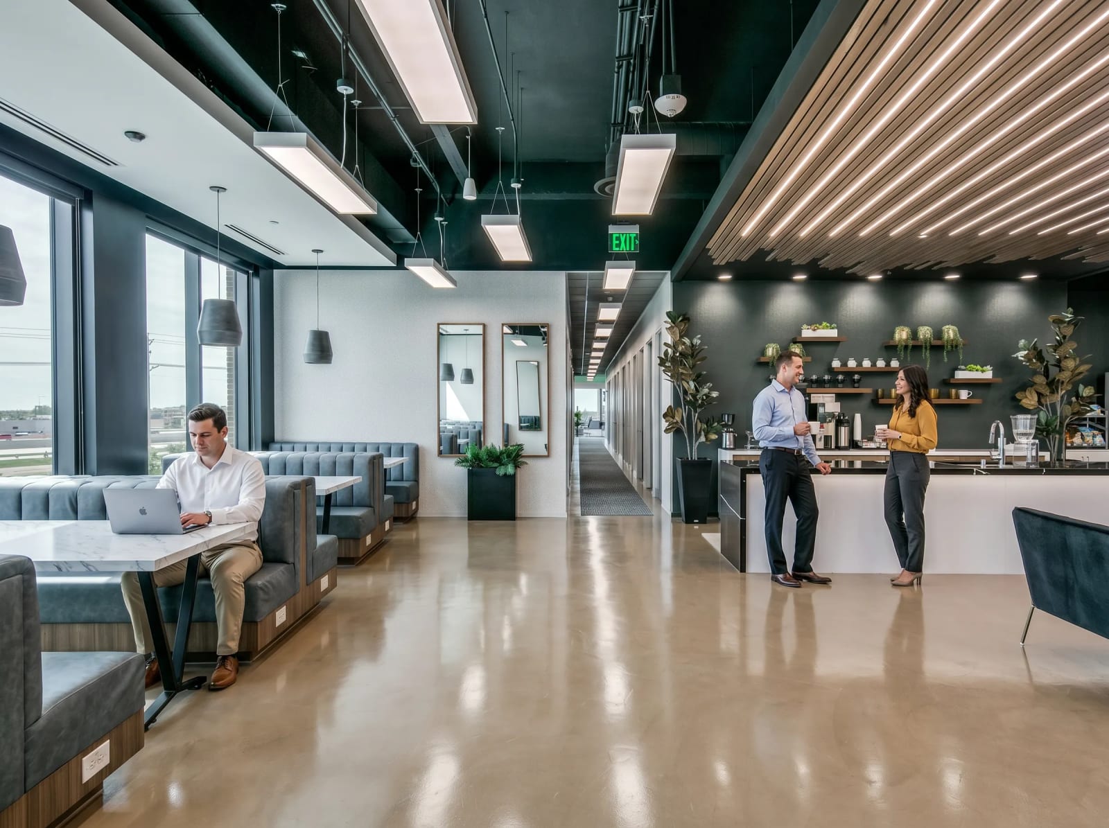 Coworking lounge at Lucid Private Offices McKinney with light floors, modern design, and open seating area