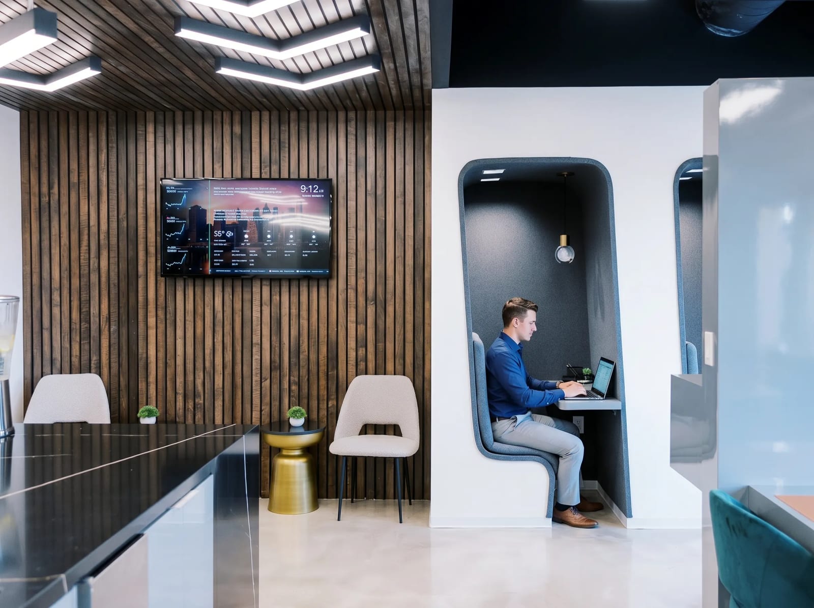 Private coworking booth at Lucid Private Offices McKinney with warm lighting and modern design