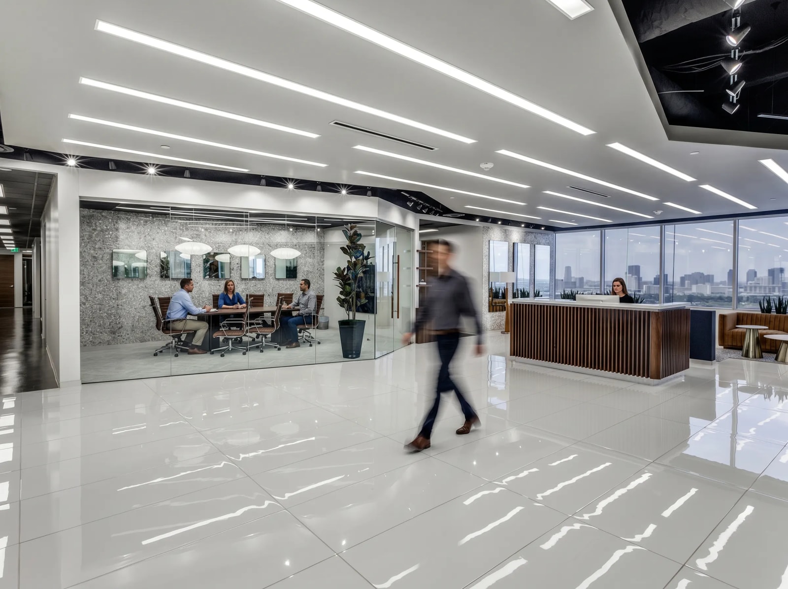 Lucid Private Offices River Oaks reception area with open coworking space and meeting room