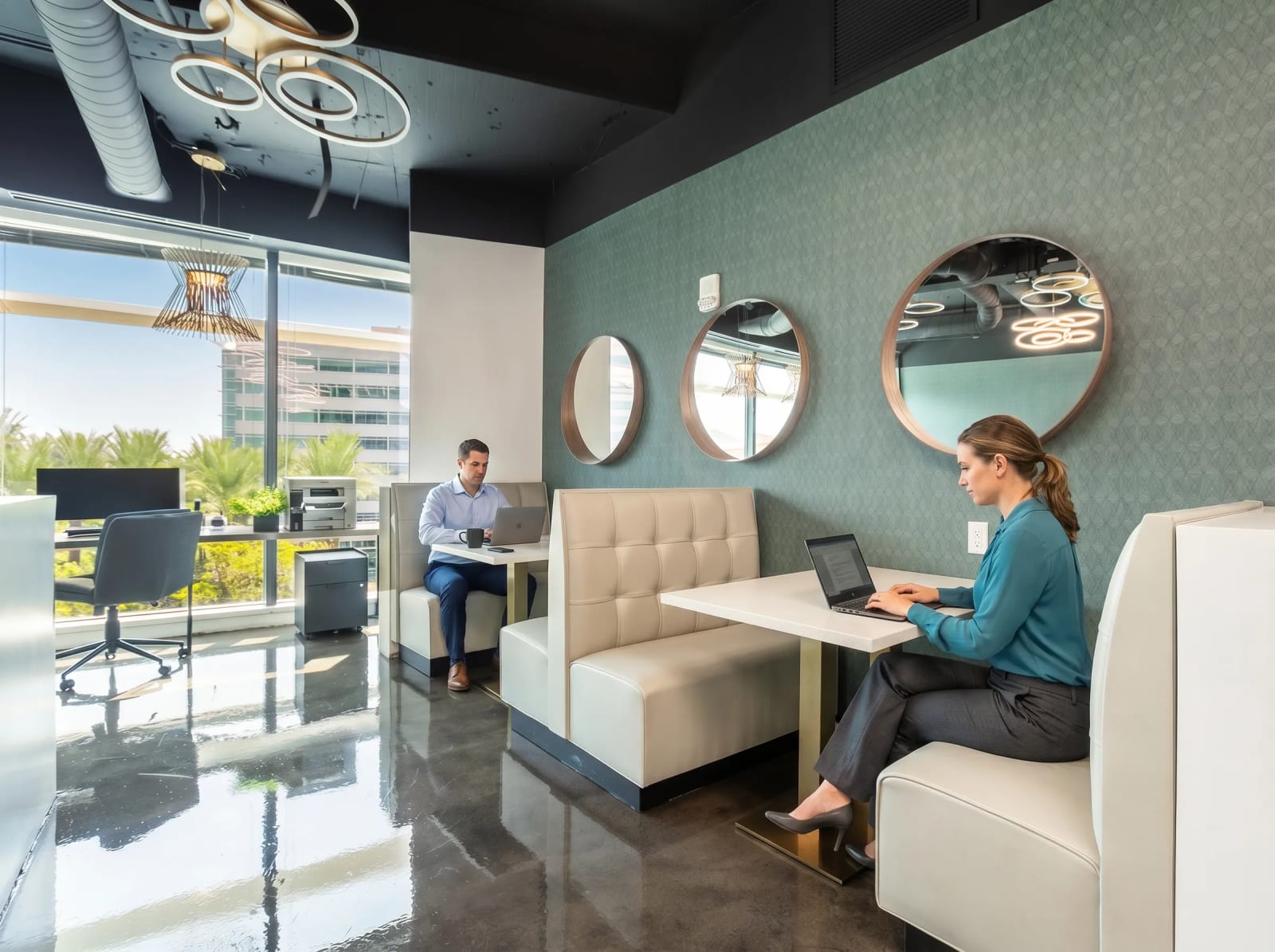 Lucid Private Offices Camelback/Biltmore booth seating with workspace tables and city views.