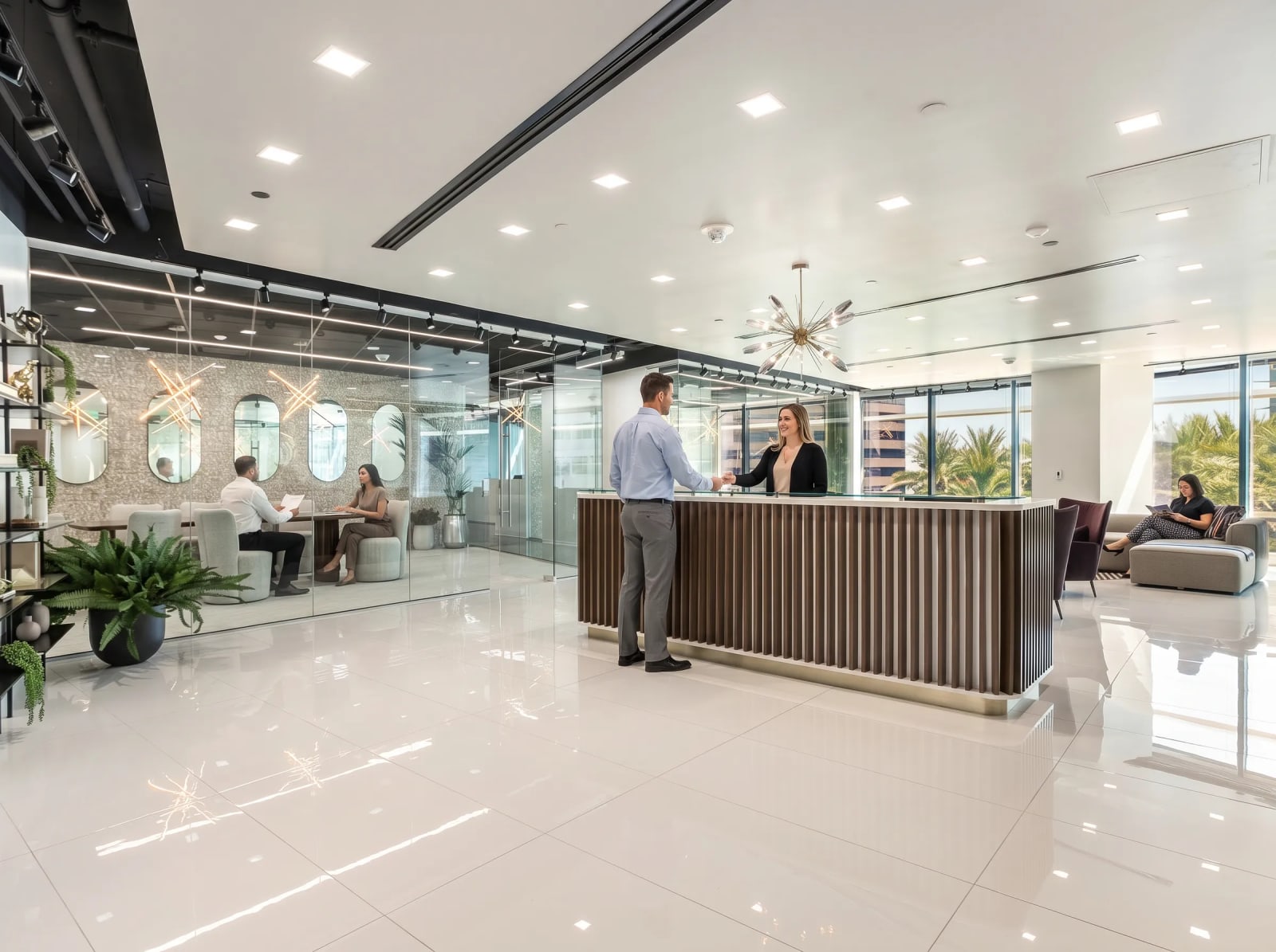 Lucid Private Offices Camelback reception area with front desk and open coworking space