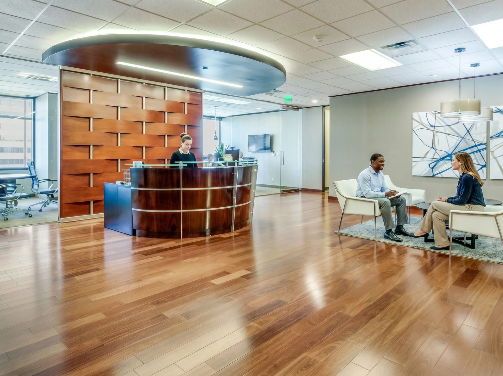 Lucid Private Offices Galleria/Addison reception area with modern design, lounge seating, and meeting rooms.