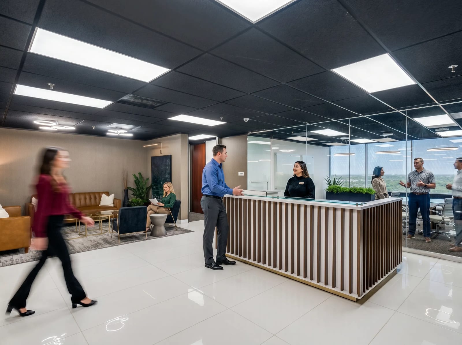 Reception area at Lucid Private Offices LBJ Freeway / Farmers Branch with modern design and collaborative workspace.