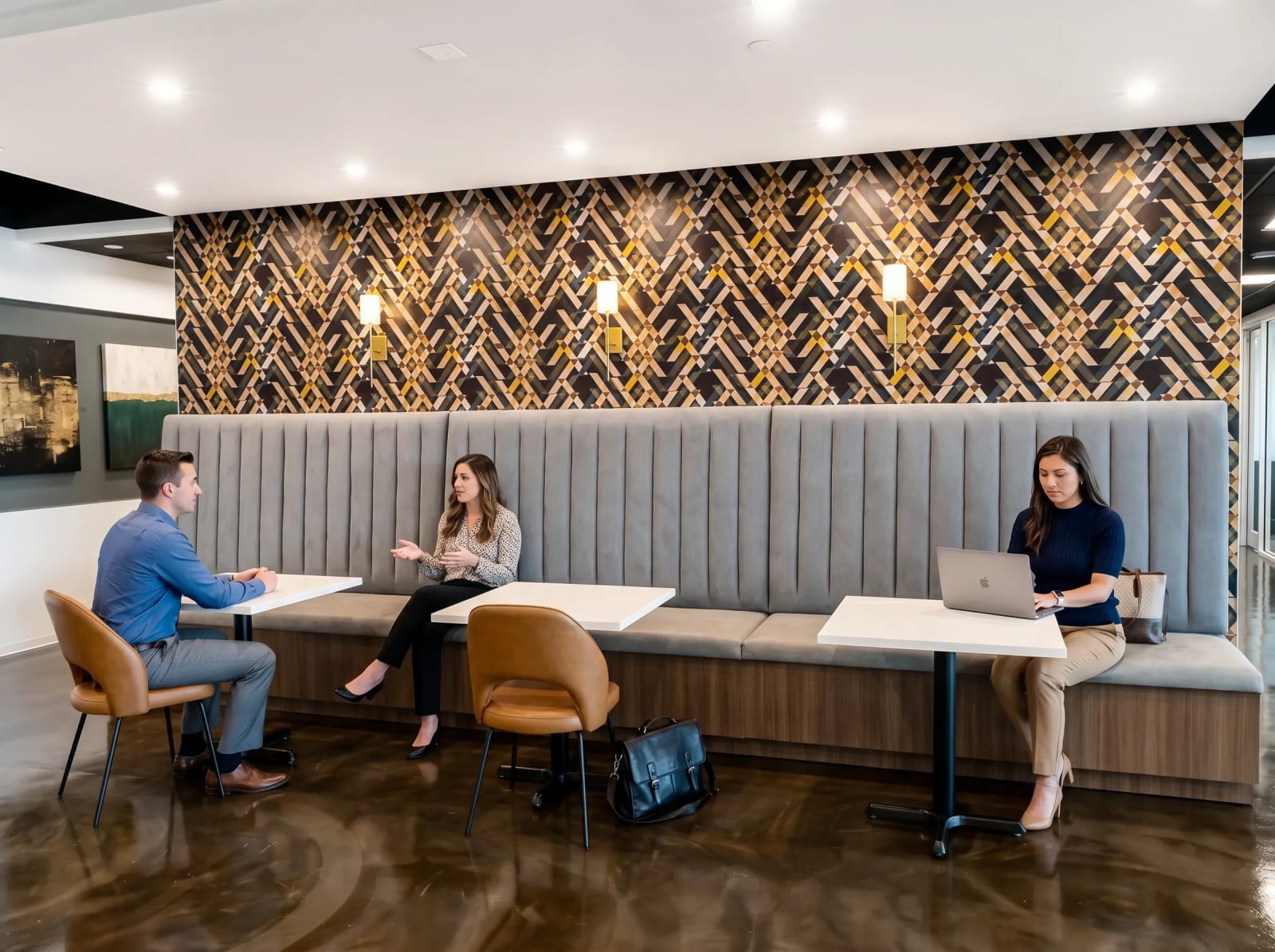 Professionals work and meet in the stylish shared lounge at Lucid Private Offices Alpharetta.