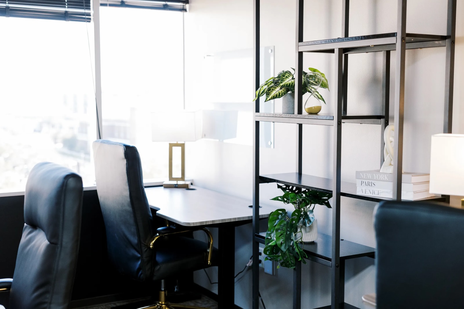 Small private office with a single desk, black chairs, shelving unit, and plant by the window
