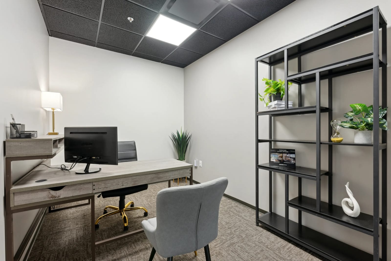 Executive private office with bookshelves and conference seating at Lucid Private Offices