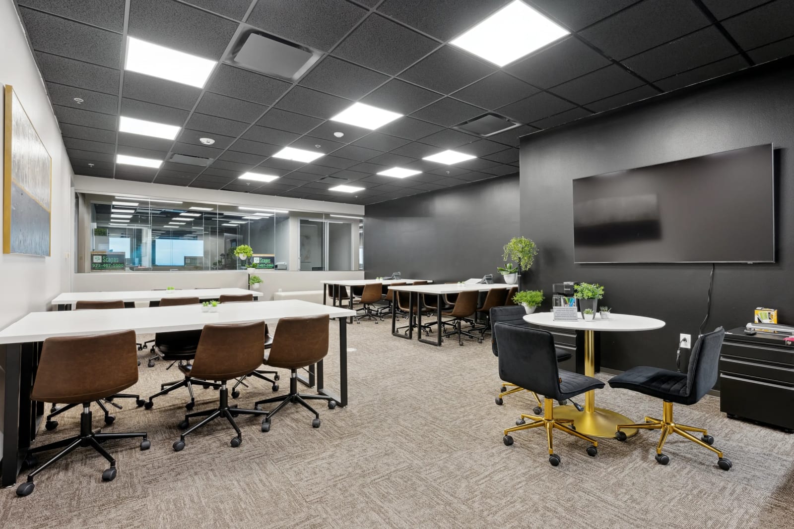 Spacious private office with dark walls and modern lighting at Lucid Private Offices North Central Expressway