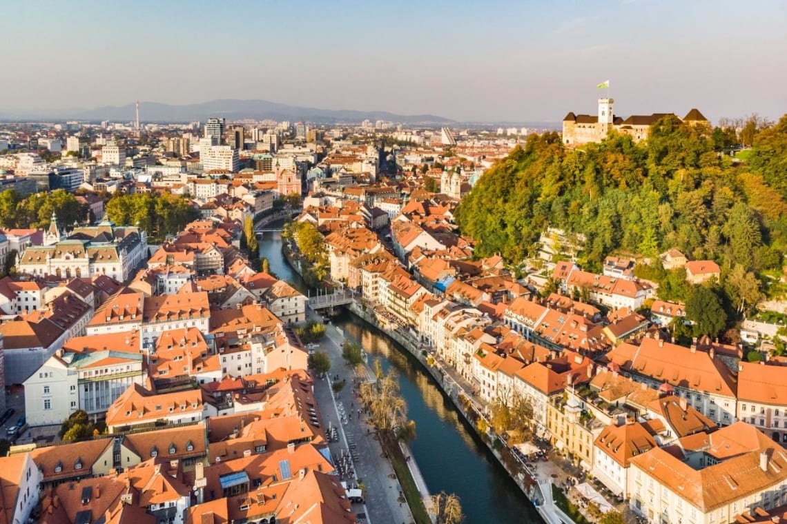 Aerial view of water canal of Ljubljana, capital of Slovenia