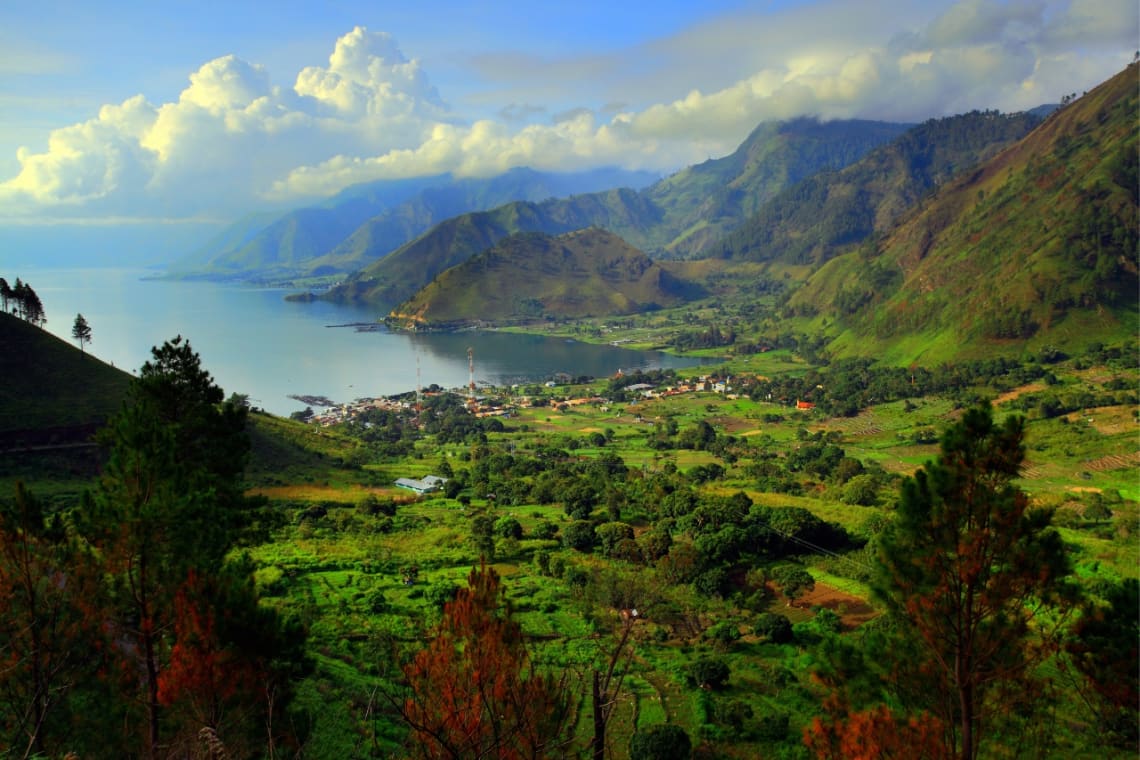 View from a mountain  of a small village in Lake Toba