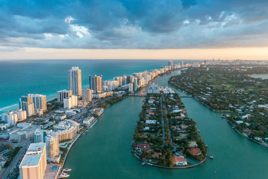 Aerial view of Miami Beach, on of the best beach getaways in the USA