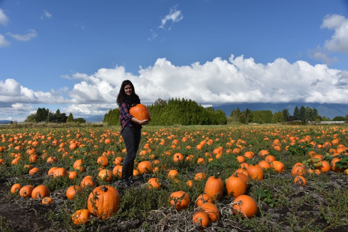 Girl holding a huge pumpkin during a farm vacation