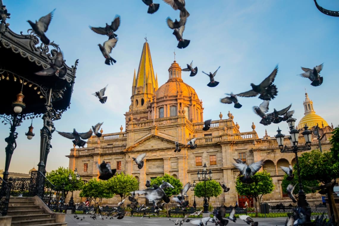 Doves flying at the central plaza in front of Guadalajara Cathedral