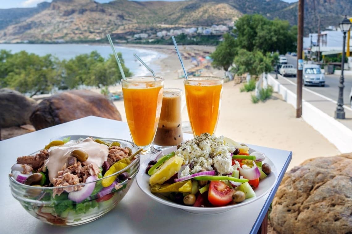 Traditional Greek salad in a seaside restaurant