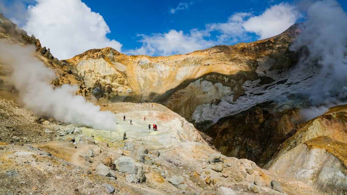 Remote places: people exploring the Valley of Geysers in Kamchatka