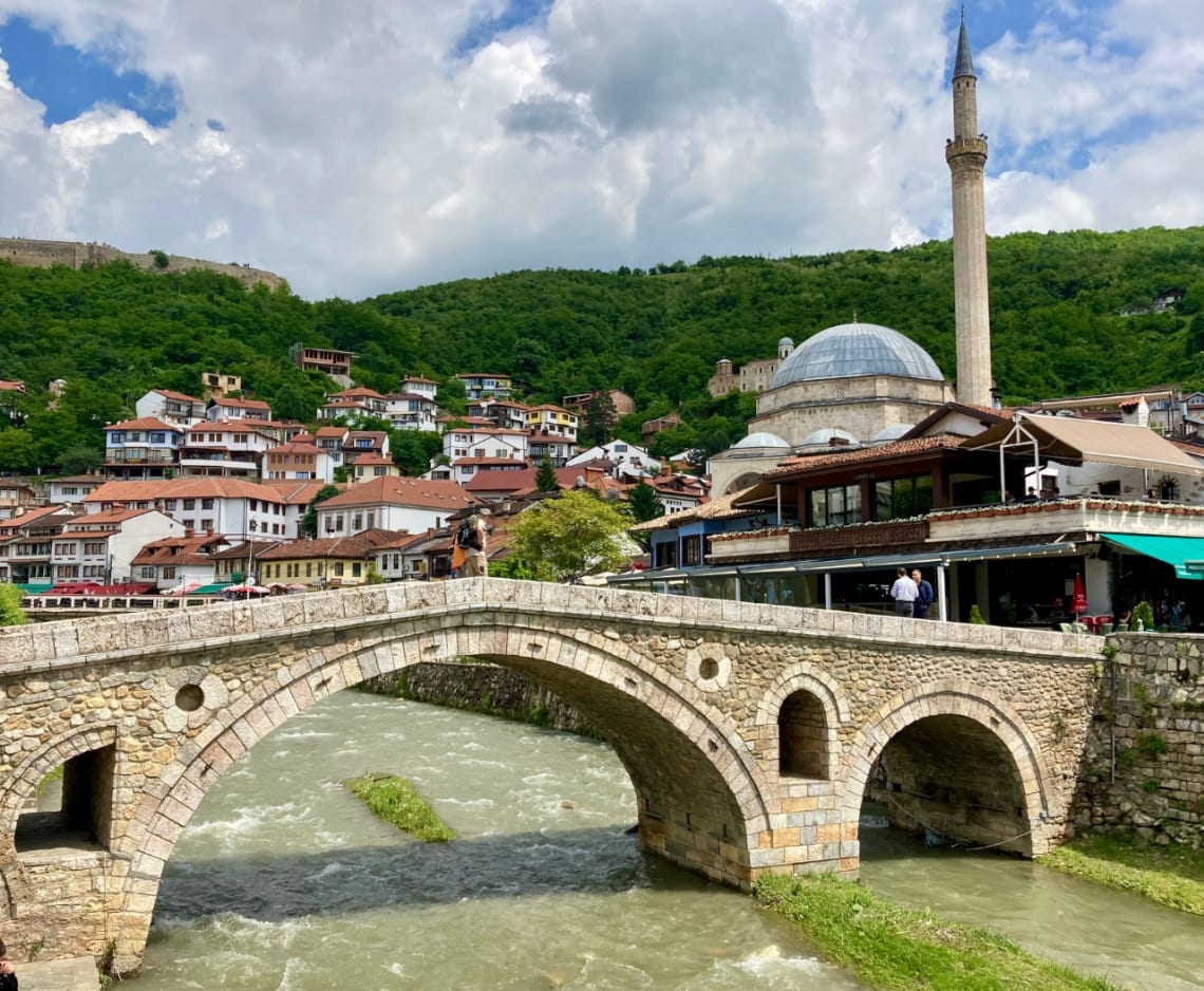 Stone bridge, mosque and traditional houses in Prizren, Kosovo