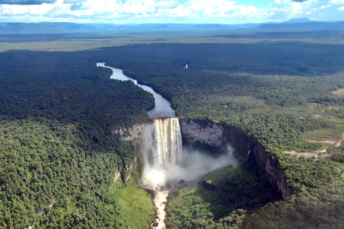 Aerial view of a big waterfall in Guyana