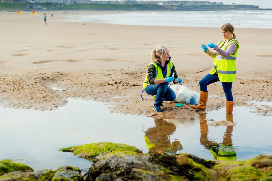 Two conservationist doing research at a beach 