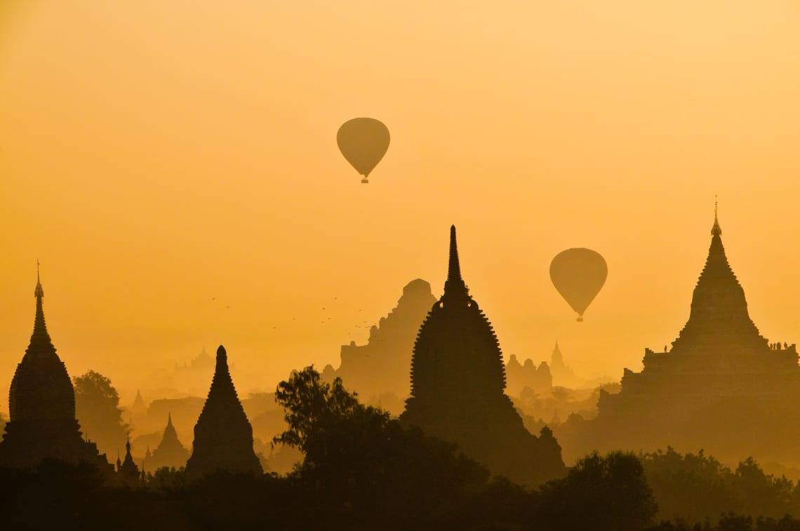 Hot air balloons flying over Bagan, Myanmar