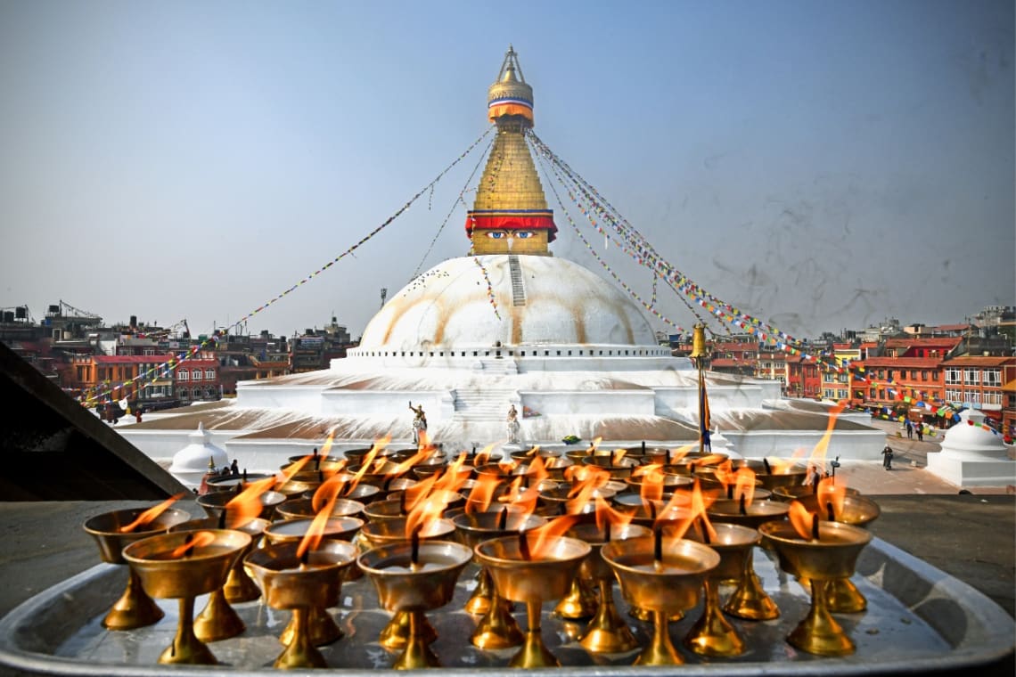 White and golden buddhist stupa in Kathmandu, Nepal, a renowned place for spiritual travel