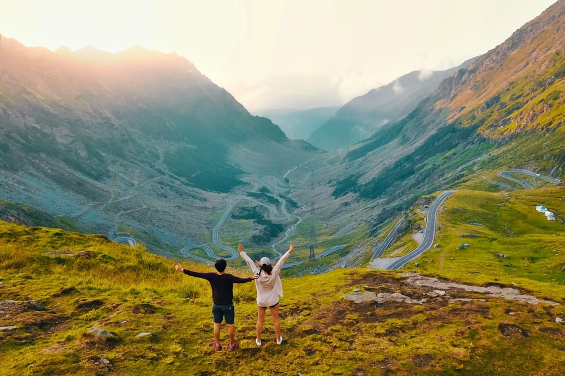 Couple hiking  inthe Romanian nature