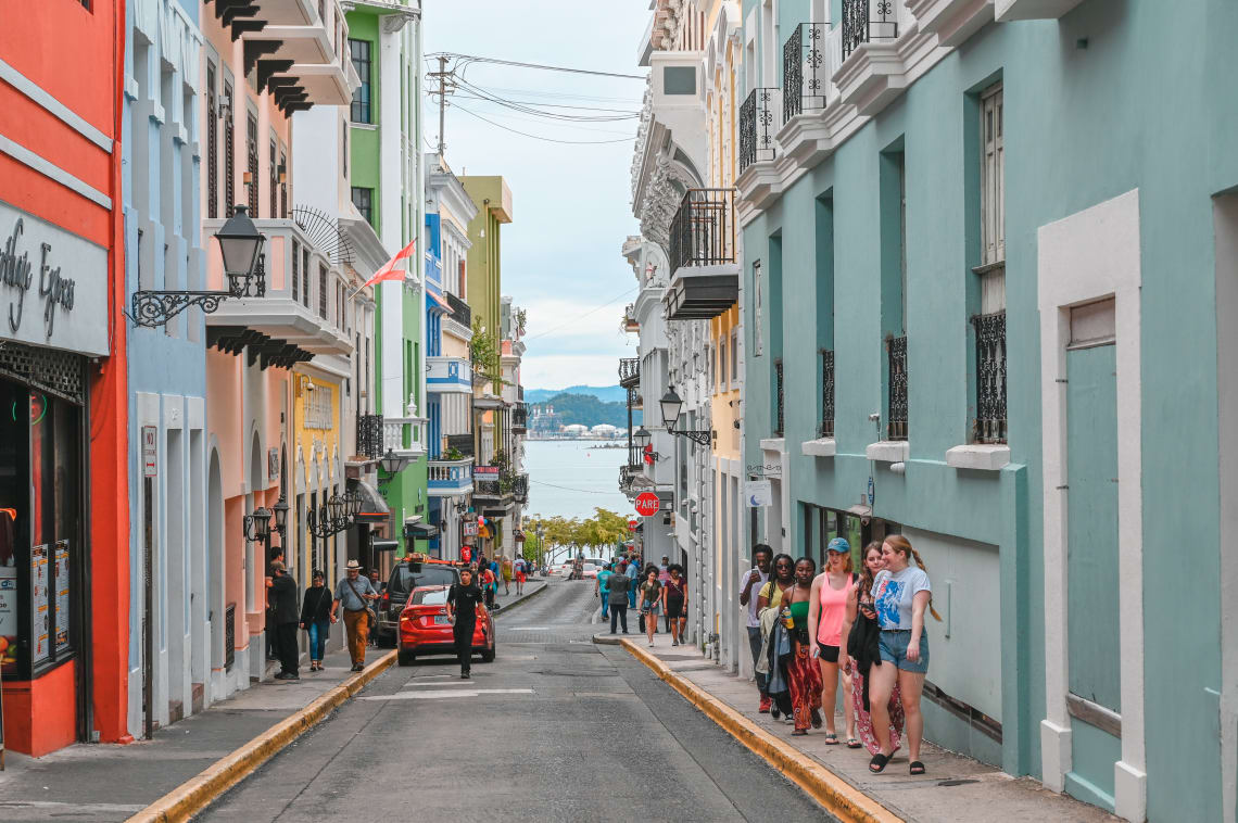 Old San Juan street with colorful houses