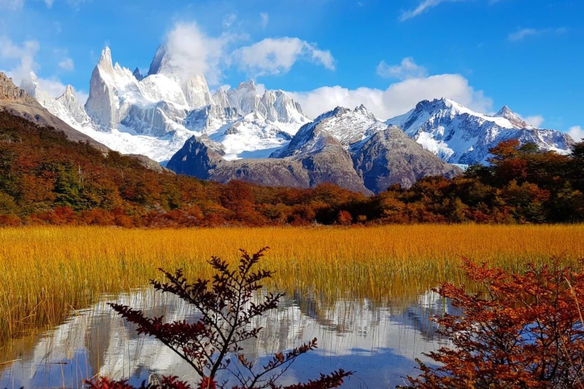 Laguna Capri con reflejo del Cerro Fitz Roy en su agua. Uno de los lugares para visitar en El Chaltén