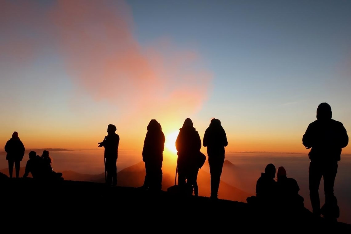 People watching the sunset at Acatenango volcano