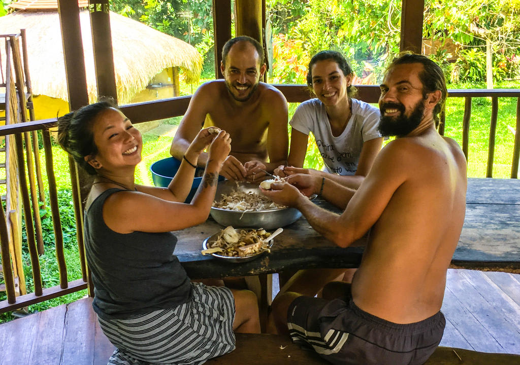 voluntariados fazem tarefa coletiva em um projeto de permacultura