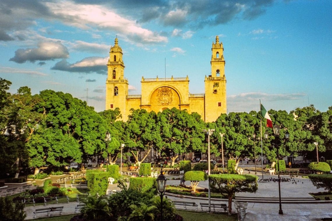 Main square and cathedral of Merida, one of the best places to visit in Yucatan Peninsula