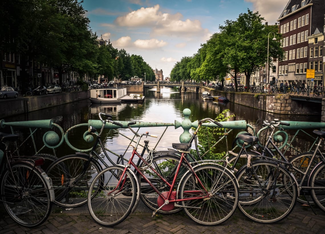 Bicycles by a canal, Amsterdam, Netherlands